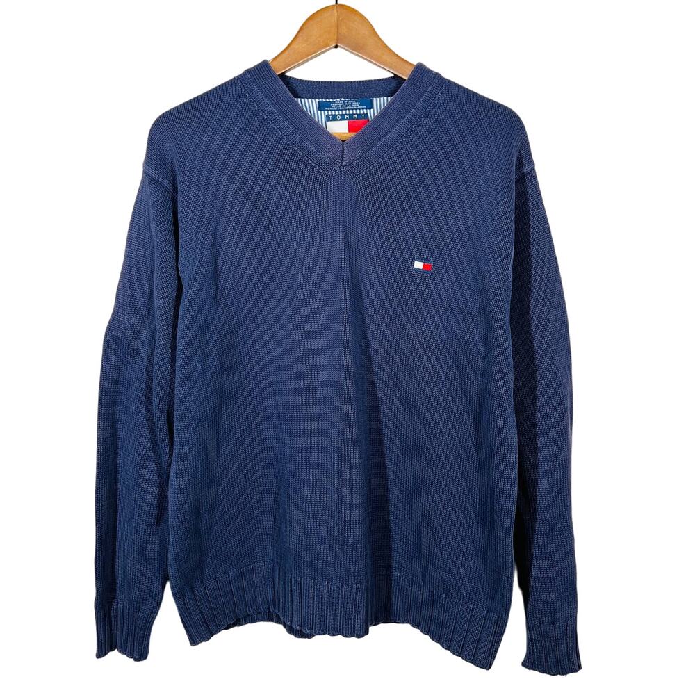 Vintage 90s Tommy Hilfiger V Neck Tight Knit Pullover Top Sweater Blue  Prep - M